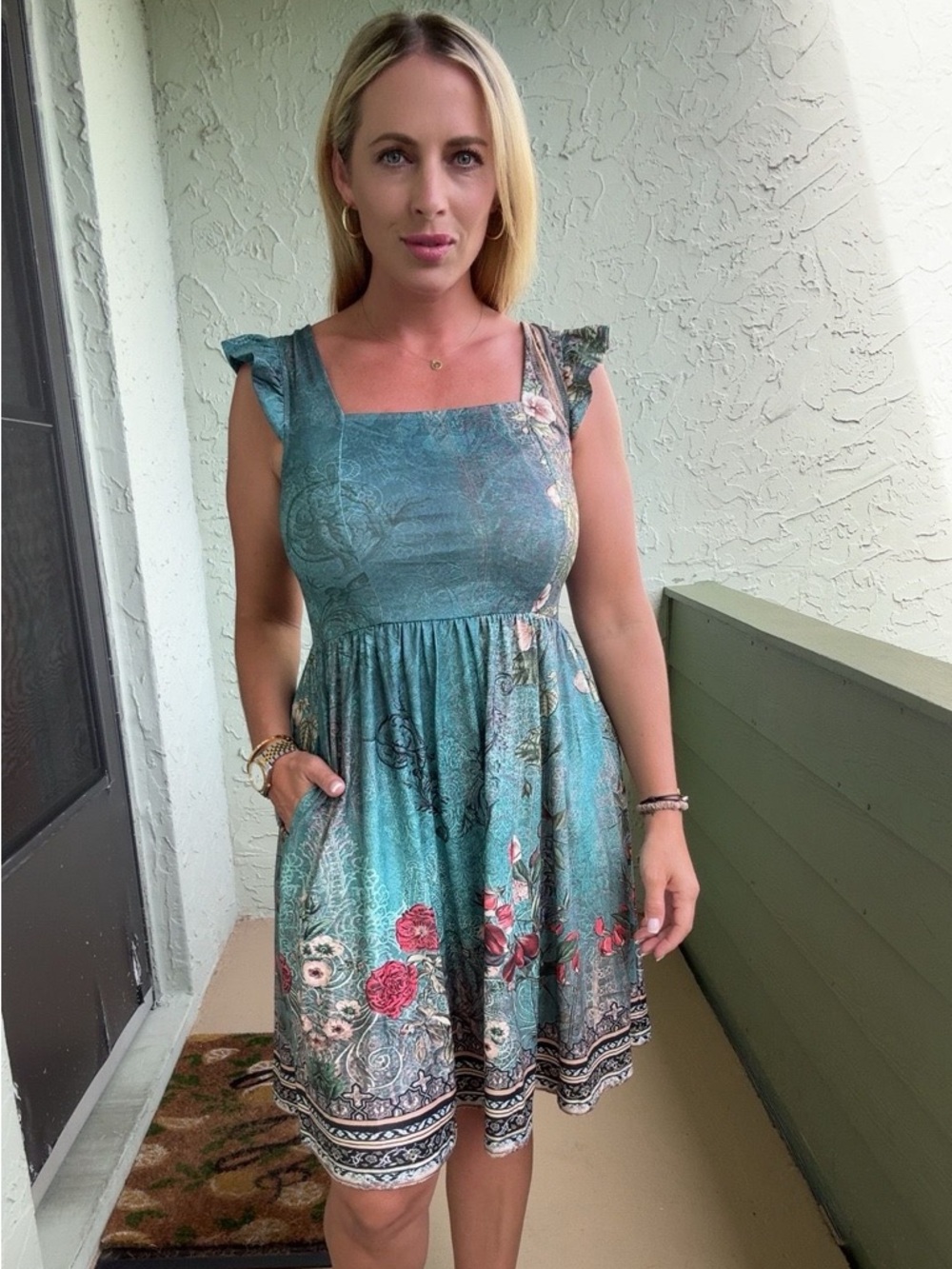 Teal Floral Square-Neck Sundress
